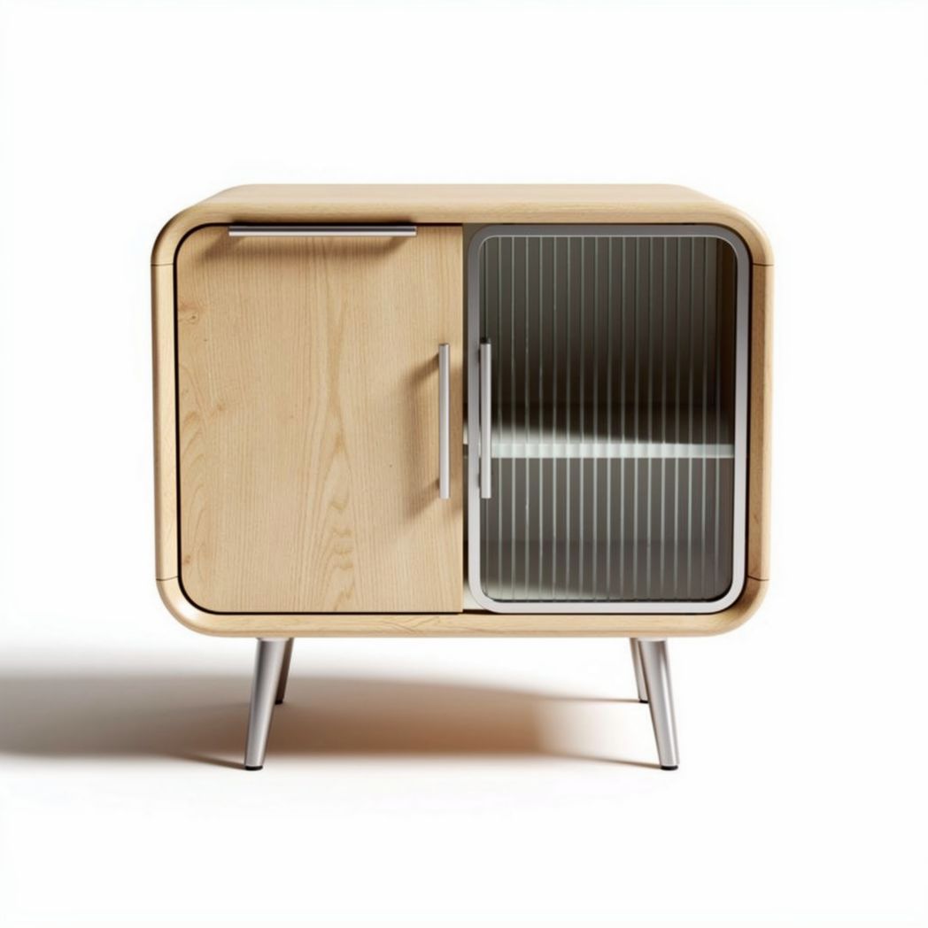 Houten kast met glazen deur en metalen poten 50 x 40 x 60cm