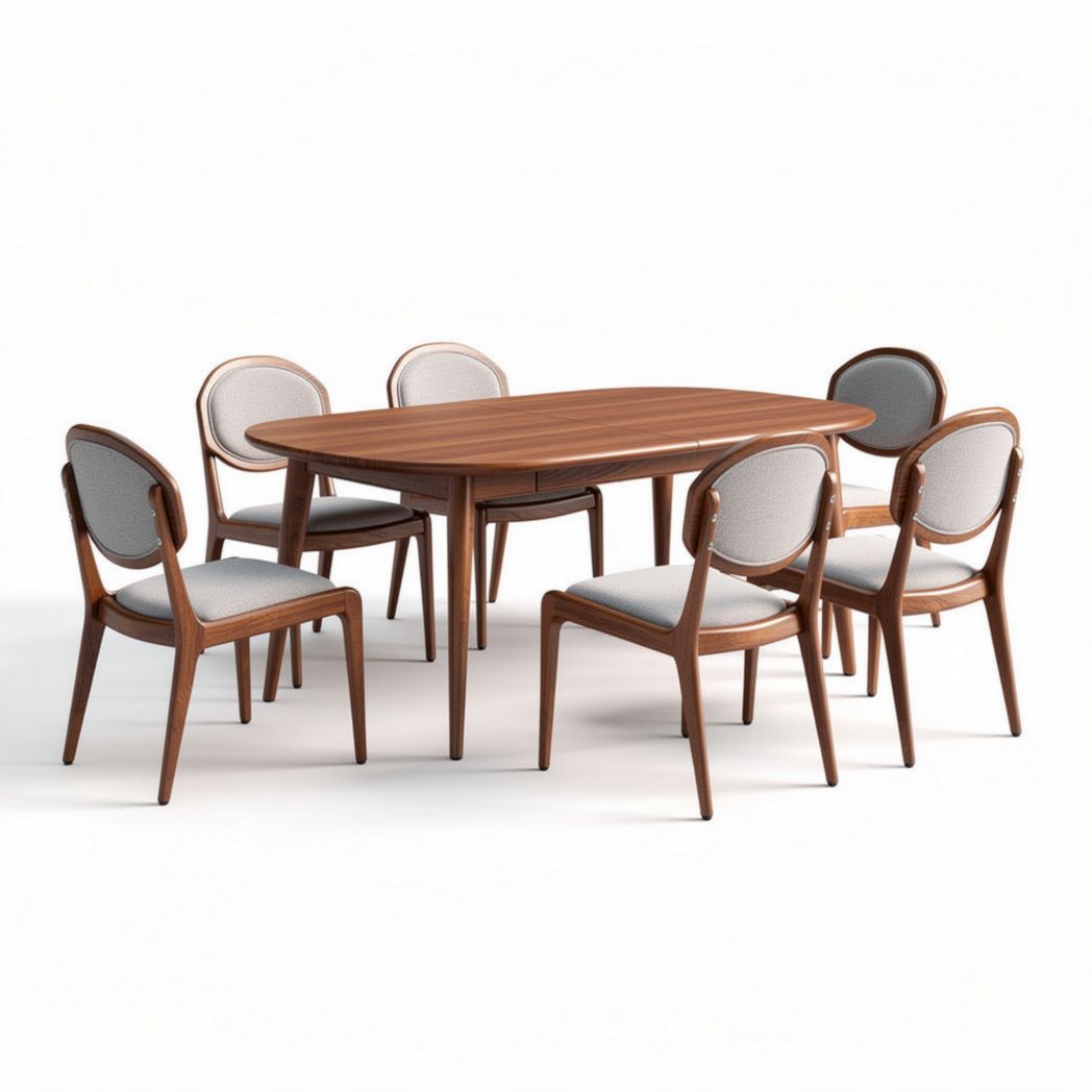 Eettafel met zes stoelen van hout en stof in bruin en lichtgrijs 180 x 90 x 75cm