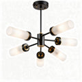 Hanglamp met zes opalen glazen kappen en zwarte metalen armaturen 80 x 80 x 40cm