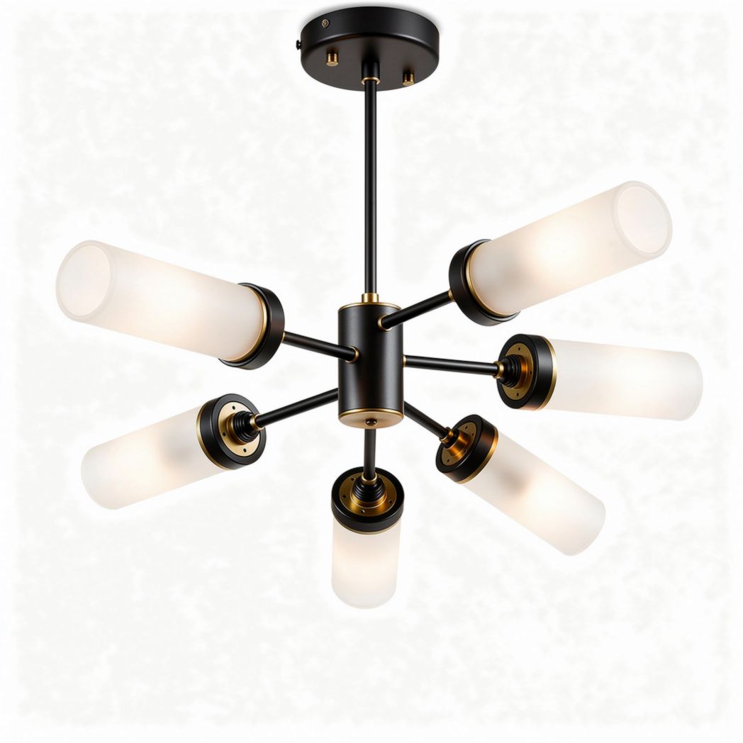 Hanglamp met zes opalen glazen kappen en zwarte metalen armaturen 80 x 80 x 40cm