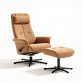 Lounge stoel met voetenbank van bruin textiel en zwart metalen onderstel 80 x 70 x 100cm