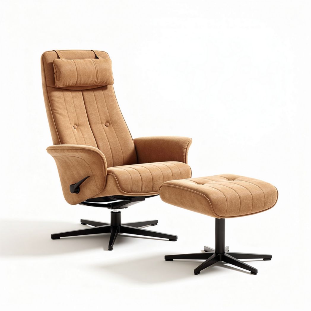 Lounge stoel met voetenbank van bruin textiel en zwart metalen onderstel 80 x 70 x 100cm