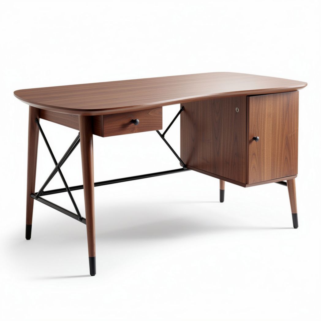 Bureau van hout en metaal met lade en kast 150 x 70 x 75cm bruin