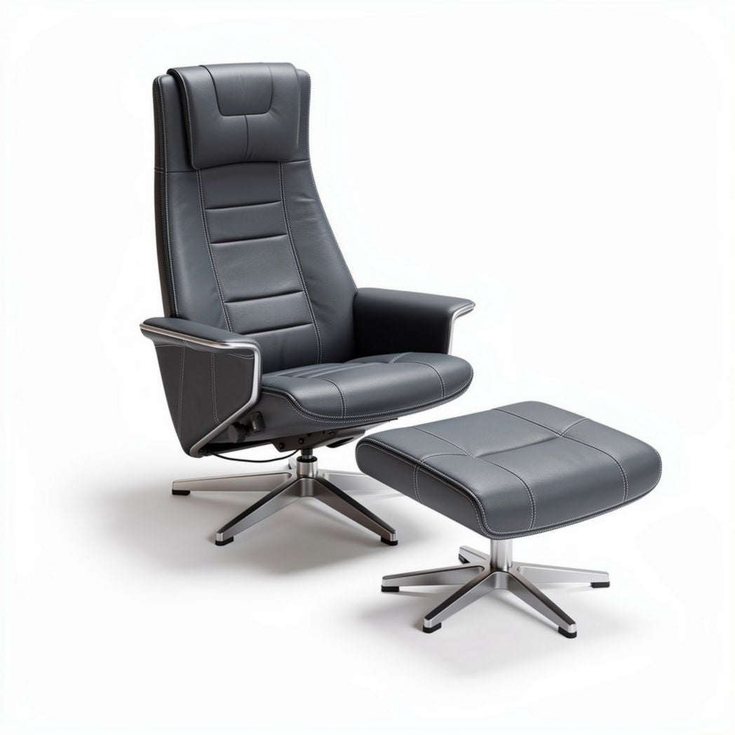Leren design fauteuil met voetensteun in antraciet 85 x 70 x 100cm