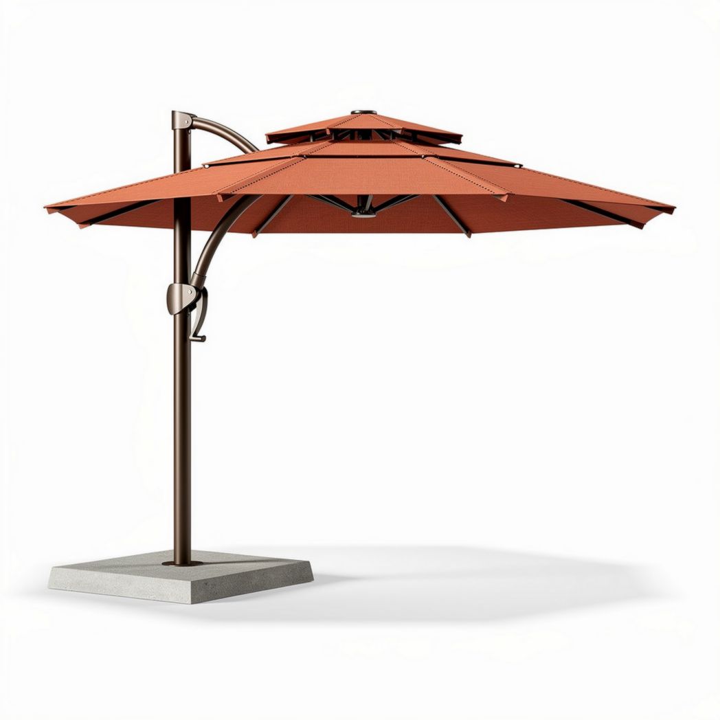 Zonneparasol met een ronde voet en een diameter van 300 cm in terracotta kleur