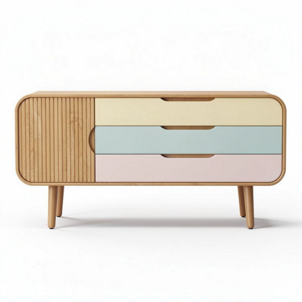Tafelkast van bamboe met 3 lades in pastelkleuren 120 x 40 x 70cm